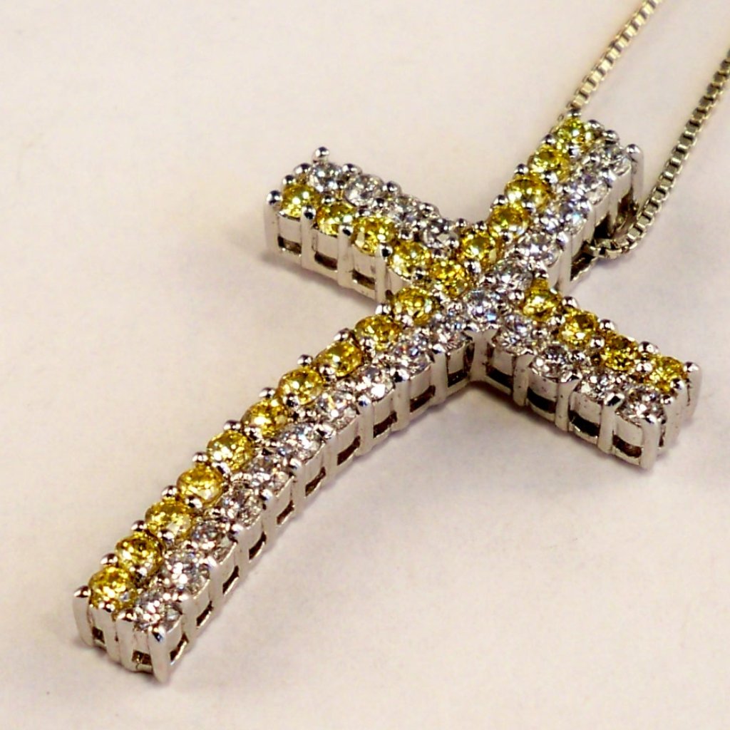 New Yellow Cubic Zirconias 925 Silver Cross Designer Necklace